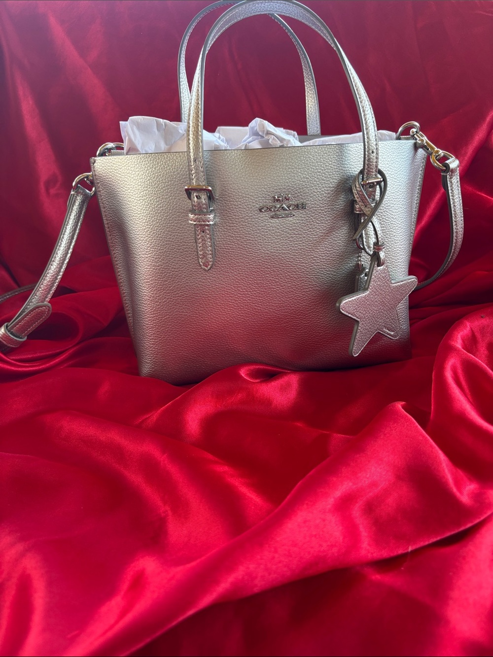Coach Metallic Silver Leather Tote with Star Charm